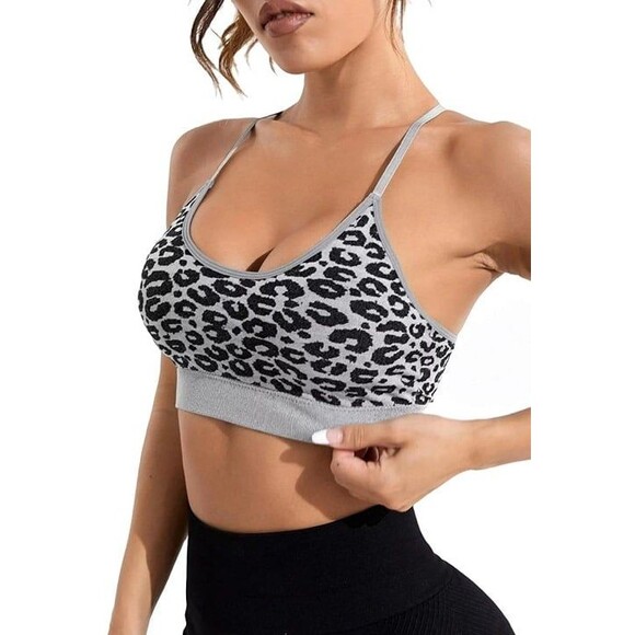 Pro-Fit Seamless Criss Cross Sports straps Bra Medium gray leopard print Grey - Picture 1 of 11